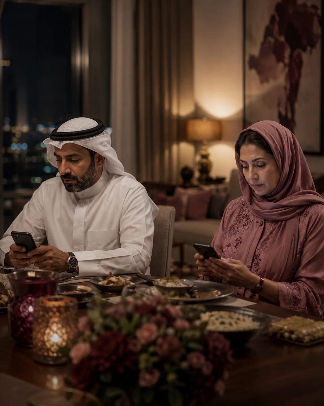 زوجان يجلسان معًا على مائدة العشاء لكنهما منشغلان بهاتفيهما، صامتان وبعيدان عاطفيًا رغم القرب المكاني